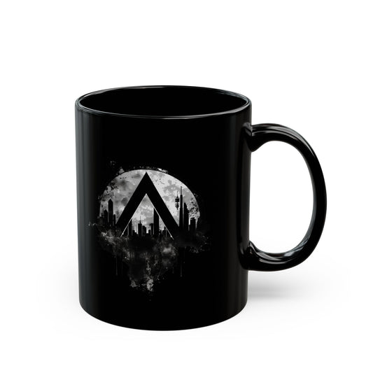 Terminal Mug in black with the Dark Synth Ambient signal mark