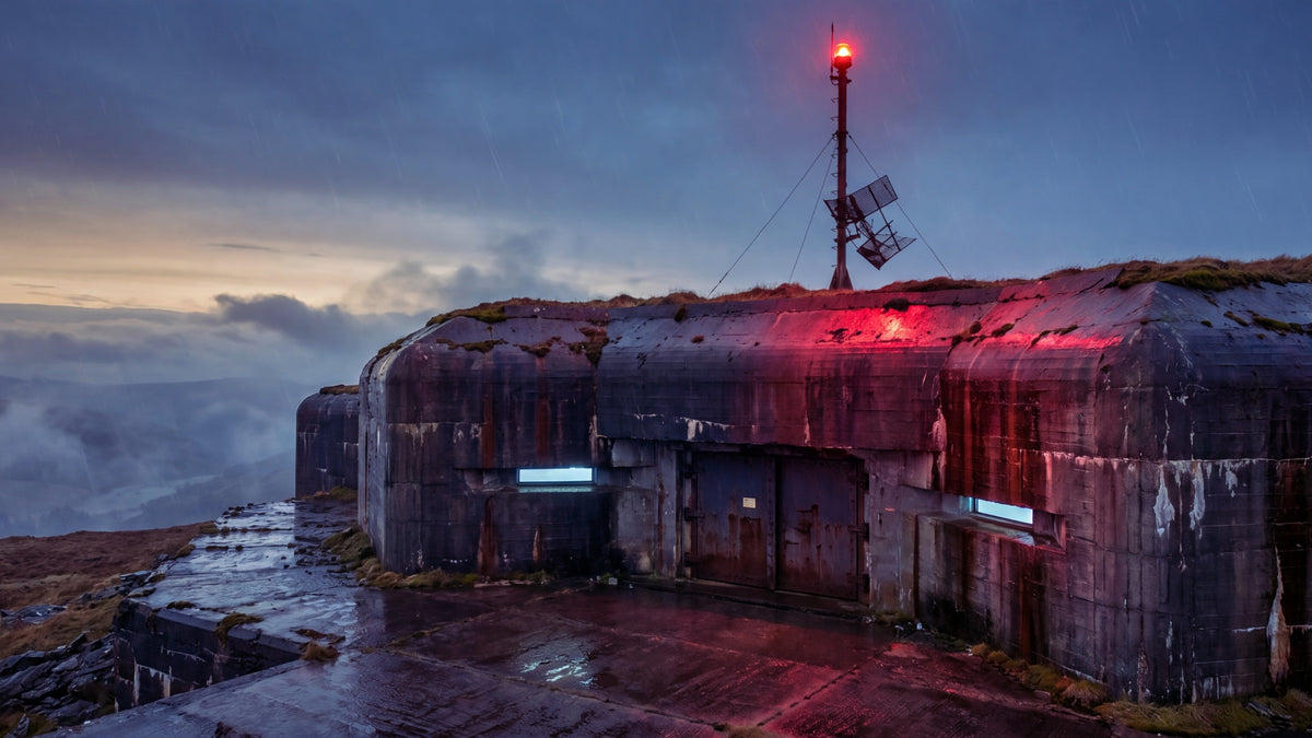 Beacon Ridge, a mountain bunker under a red beacon at dusk in the rain