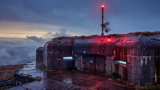 Beacon Ridge, a mountain bunker under a red beacon at dusk in the rain